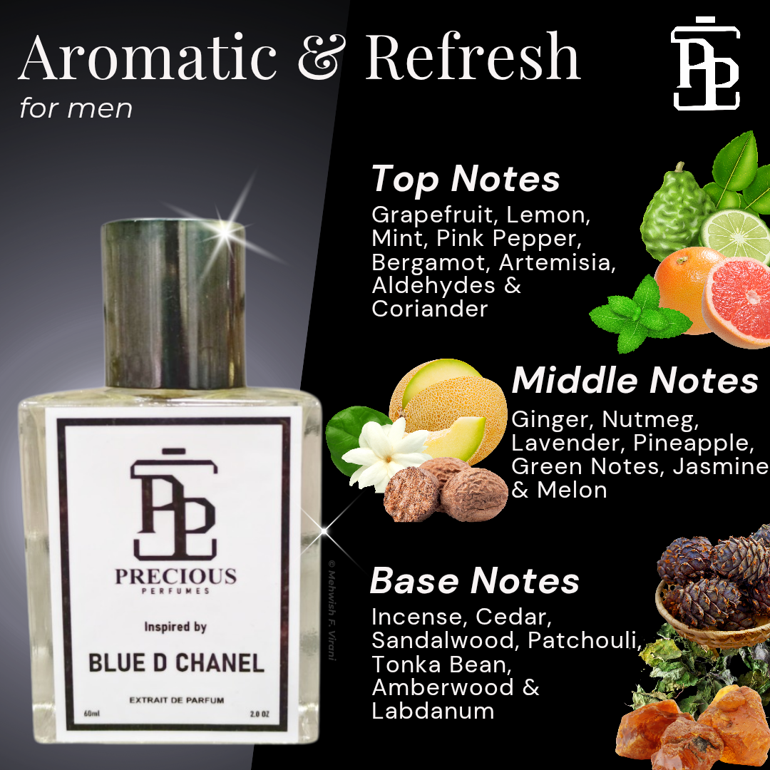Shop our Bleu De Ch@nel inspired men's perfume - a refreshing masculine fragrance with woody aromatic notes at an affordable price. Available in 60 ml & 100 ml. Free Shipping & COD at Precious Perfumes.
