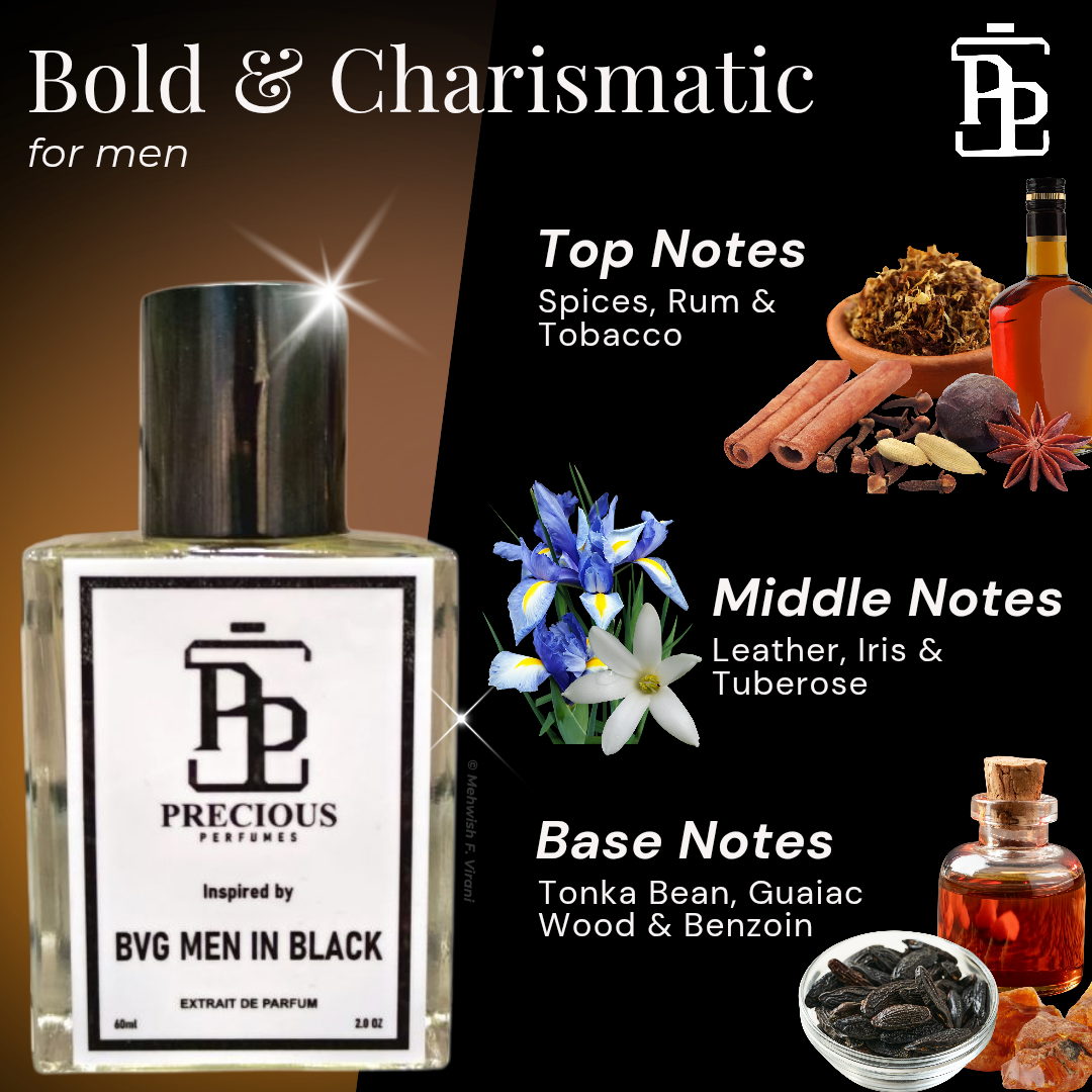 Shop our Bvlgari Men in Black inspired men's perfume - a bold masculine fragrance with woody spicy notes at an affordable price. Available in 60 ml & 100 ml. Free Shipping & COD at Precious Perfumes.