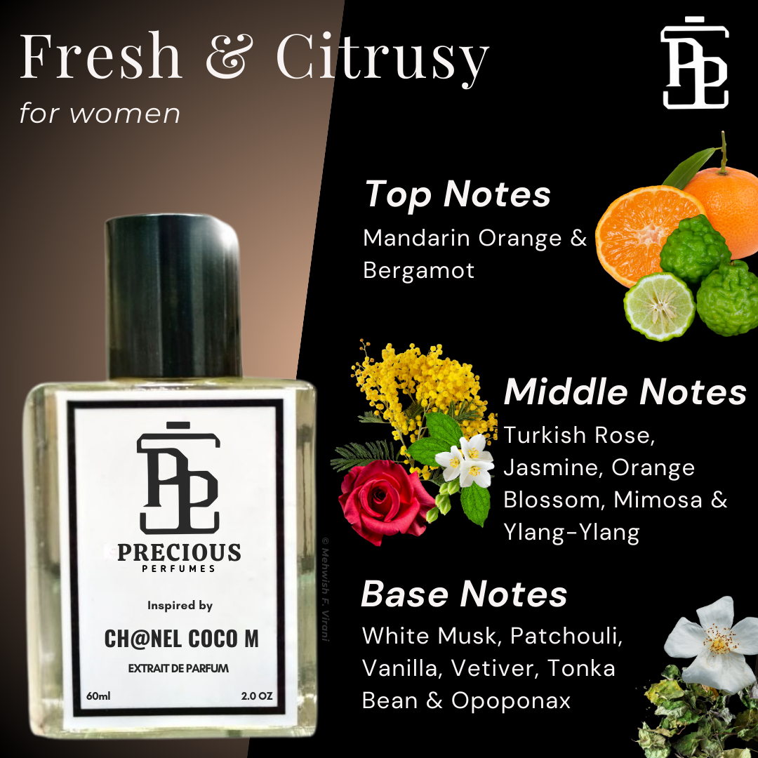 Shop our Chanel Coco Mademoiselle inspired women's perfume - a fresh feminine fragrance with citrusy floral notes at an affordable price. Available in 60 ml & 100 ml. Free Shipping & COD at Precious Perfumes.
