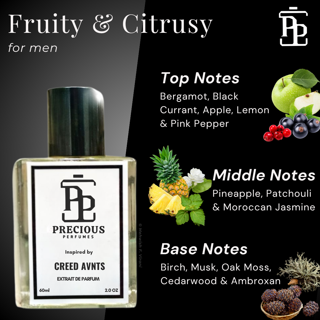 Shop our Creed Aventus inspired men's perfume - a bold masculine fragrance with fruity citrusy notes at an affordable price. Available in 60 ml & 100 ml. Free Shipping & COD at Precious Perfumes.