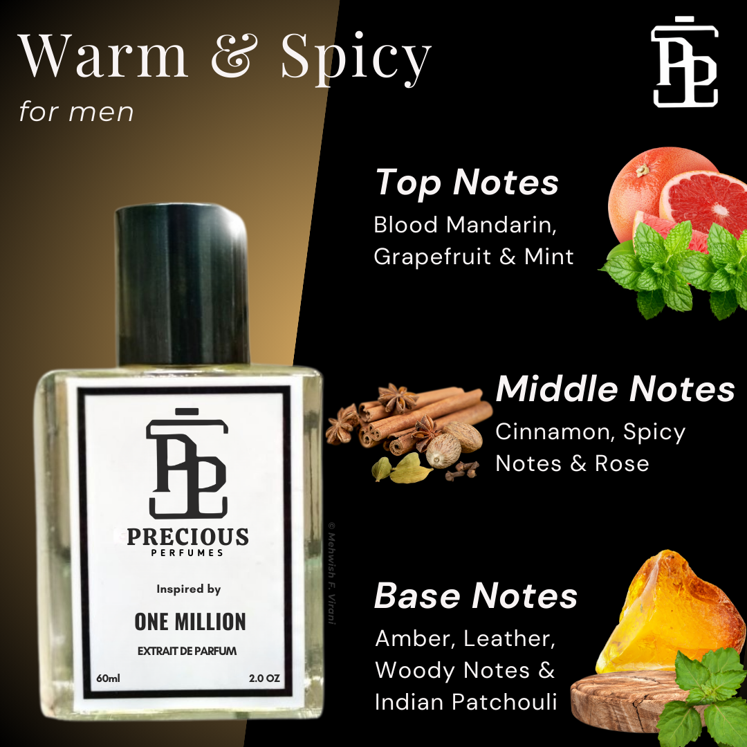 Shop our Paco Rabanne One Million inspired men's perfume - a warm masculine fragrance with woody spicy notes at an affordable price. Available in 60 ml & 100 ml. Free Shipping & COD at Precious Perfumes.