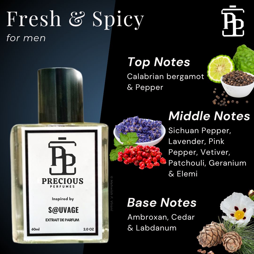 Shop our Dior Sauvage inspired men's perfume - an aromatic masculine fragrance with fresh spicy notes at an affordable price. Available in 60 ml & 100 ml. Free Shipping & COD at Precious Perfumes.