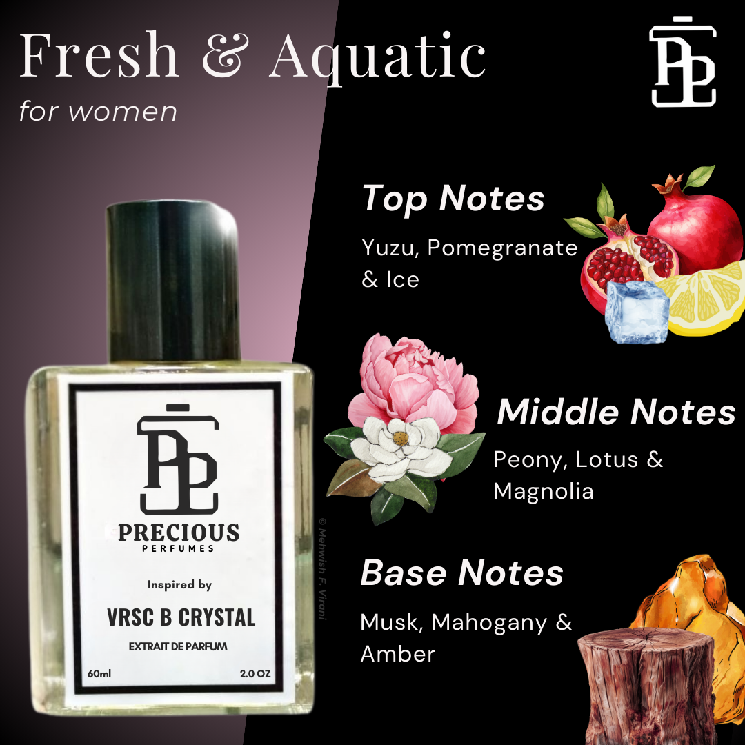 Shop our Versace Bright Crystal inspired women's perfume - a fresh & aquatic feminine fragrance with floral fruity notes at an affordable price. Available in 60 ml & 100 ml. Free Shipping & COD at Precious Perfumes.