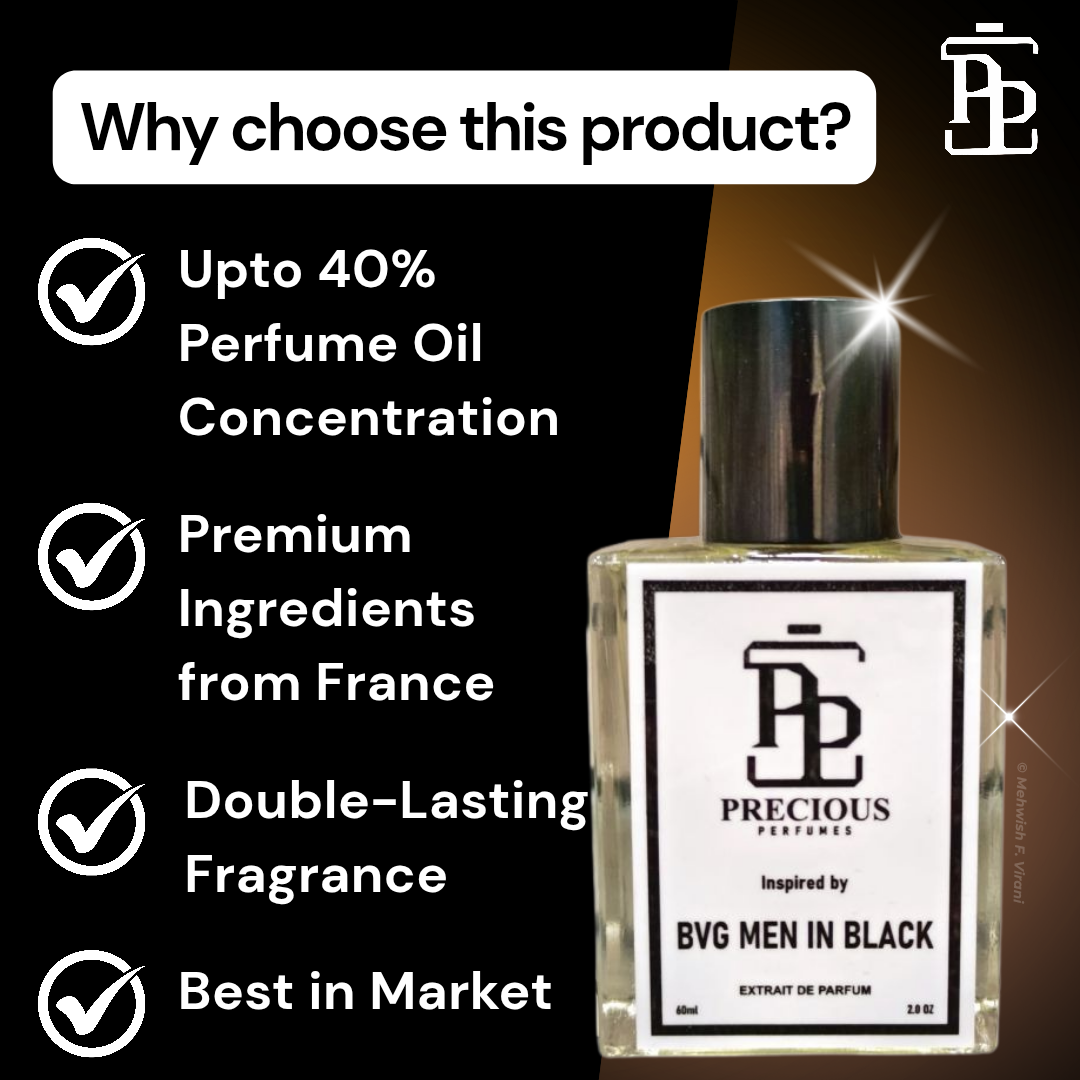 Discover our Bvlgari Men in Black inspired men's perfume - bold, woody & spicy. Benefits: long-lasting, skin-friendly, made with premium quality ingredients, perfect for all seasons & occasions; available in 60 ml & 100 ml at an affordable price. Free Shipping & COD at Precious Perfumes.