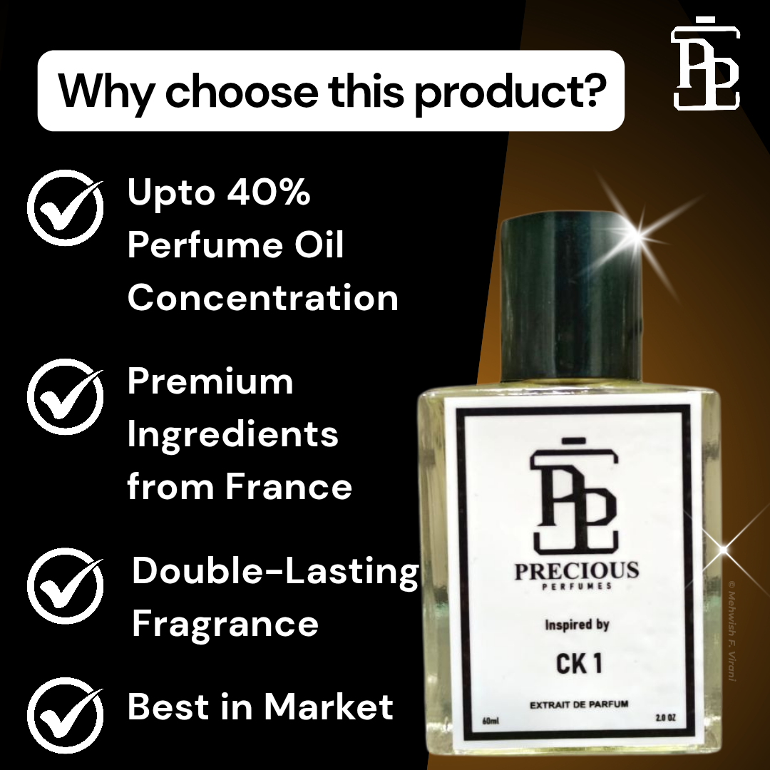 Discover our CK 0ne inspired unisex perfume - fresh, modern & citrus aromatic. Benefits: long-lasting, skin-friendly, made with premium quality ingredients, perfect for all seasons & occasions; available in 60 ml & 100 ml at an affordable price. Free Shipping & COD at Precious Perfumes.