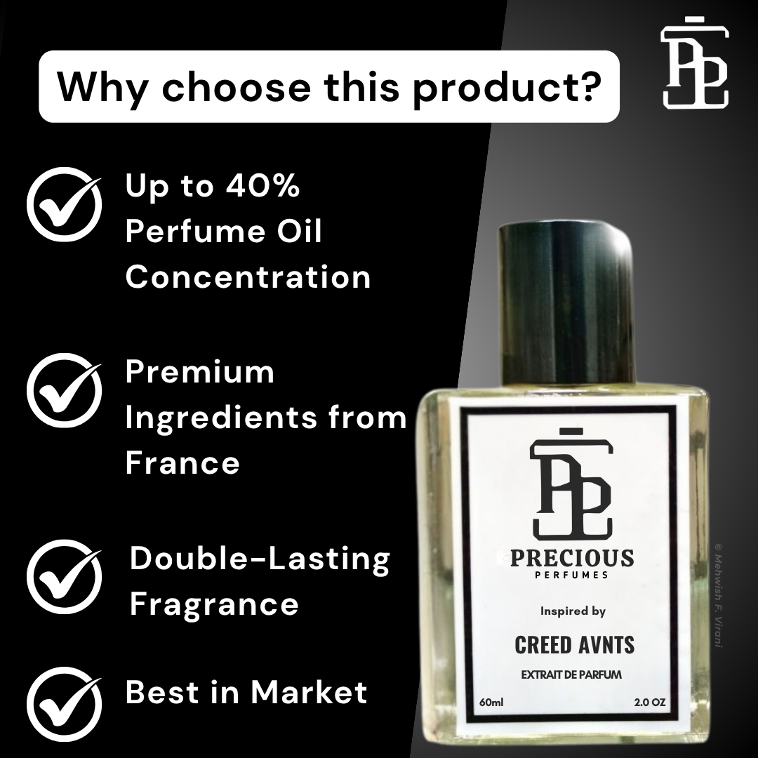 Discover our Creed Aventus inspired men's perfume - bold, fruity & citrusy. Benefits: long-lasting, skin-friendly, made with premium quality ingredients, perfect for all seasons & occasions; available in 60 ml & 100 ml at an affordable price. Free Shipping & COD at Precious Perfumes.