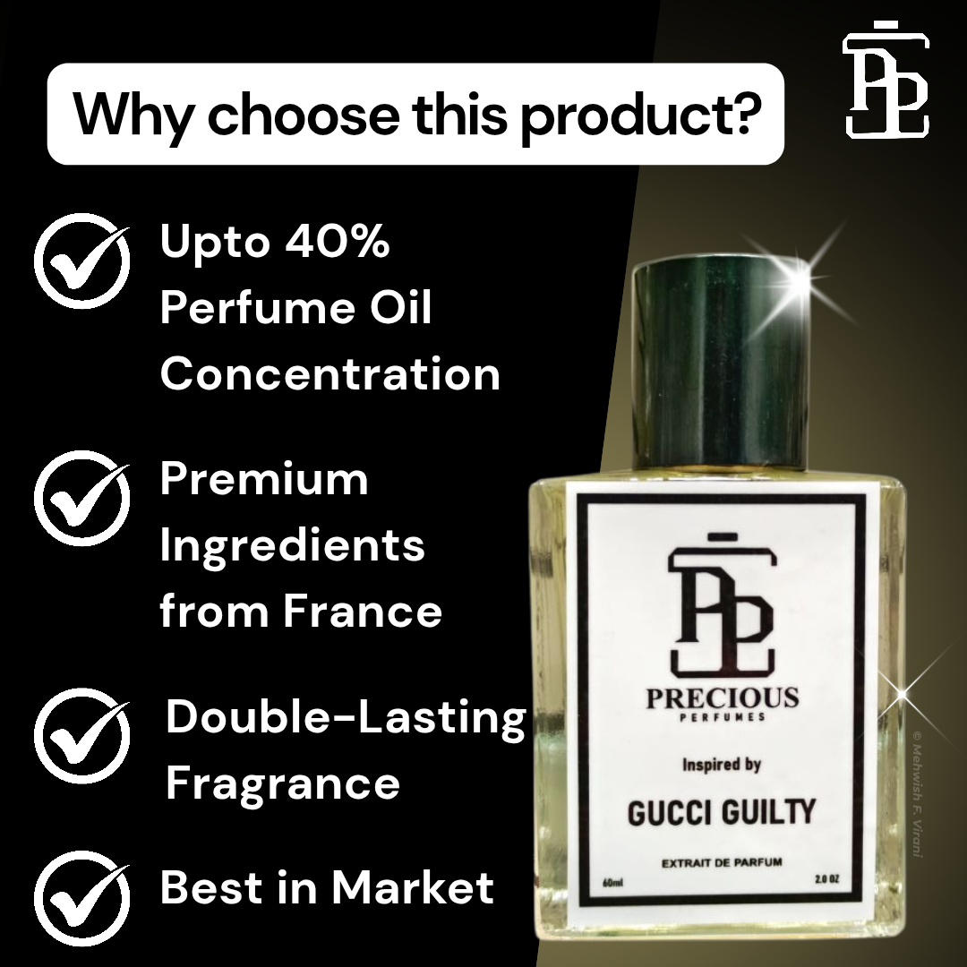 Discover our Gucci Guilty Pour Homme inspired men's perfume - pleasant & woody aromatic. Benefits: long-lasting, skin-friendly, made with premium quality ingredients, perfect for all seasons & occasions; available in 60 ml & 100 ml at an affordable price. Free Shipping & COD at Precious Perfumes.