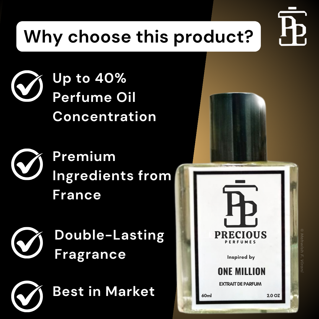 Discover our Paco Rabanne One Million inspired men's perfume - warm & woody spicy. Benefits: long-lasting, skin-friendly, made with premium quality ingredients, perfect for all seasons & occasions; available in 60 ml & 100 ml at an affordable price. Free Shipping & COD at Precious Perfumes.