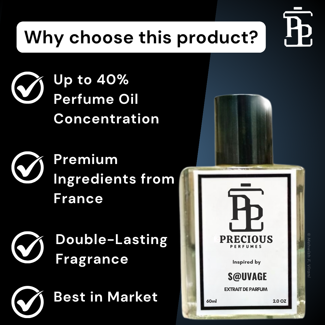 Discover our Dior Sauvage inspired men's perfume - aromatic & fresh spicy. Benefits: long-lasting, skin-friendly, made with premium quality ingredients, perfect for all seasons & occasions; available in 60 ml & 100 ml at an affordable price. Free Shipping & COD at Precious Perfumes.