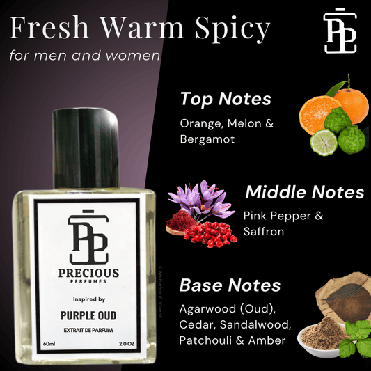 Shop our Dior Purple Oud inspired unisex perfume - a fresh , warm spicy gender-neutral fragrance with woody & citrusy notes at an affordable price. Available in 60 ml & 100 ml. Free Shipping & COD at Precious Perfumes.