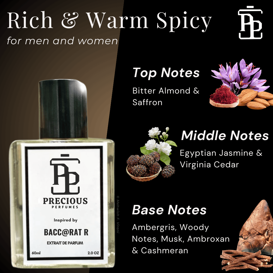 Shop our Baccarat Rouge 540 inspired unisex perfume - a warm spicy gender-neutral fragrance with woody notes at an affordable price. Available in 60 ml & 100 ml. Free Shipping & COD at Precious Perfumes.