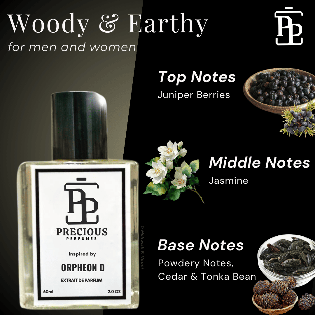 Shop our Orpheon Diptyque inspired unisex perfume - a fresh spicy gender-neutral fragrance with earthy woody notes at an affordable price. Available in 60 ml & 100 ml. Free Shipping & COD at Precious Perfumes.