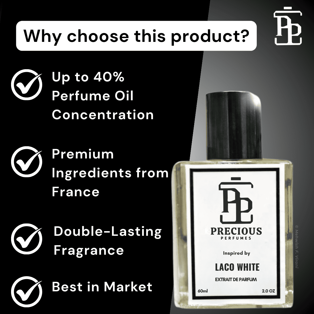 Discover our Lacoste White inspired men's perfume - woody & aromatic. Benefits: long-lasting, skin-friendly, made with premium quality ingredients, perfect for all seasons & occasions; available in 60 ml & 100 ml at an affordable price. Free Shipping & COD at Precious Perfumes.