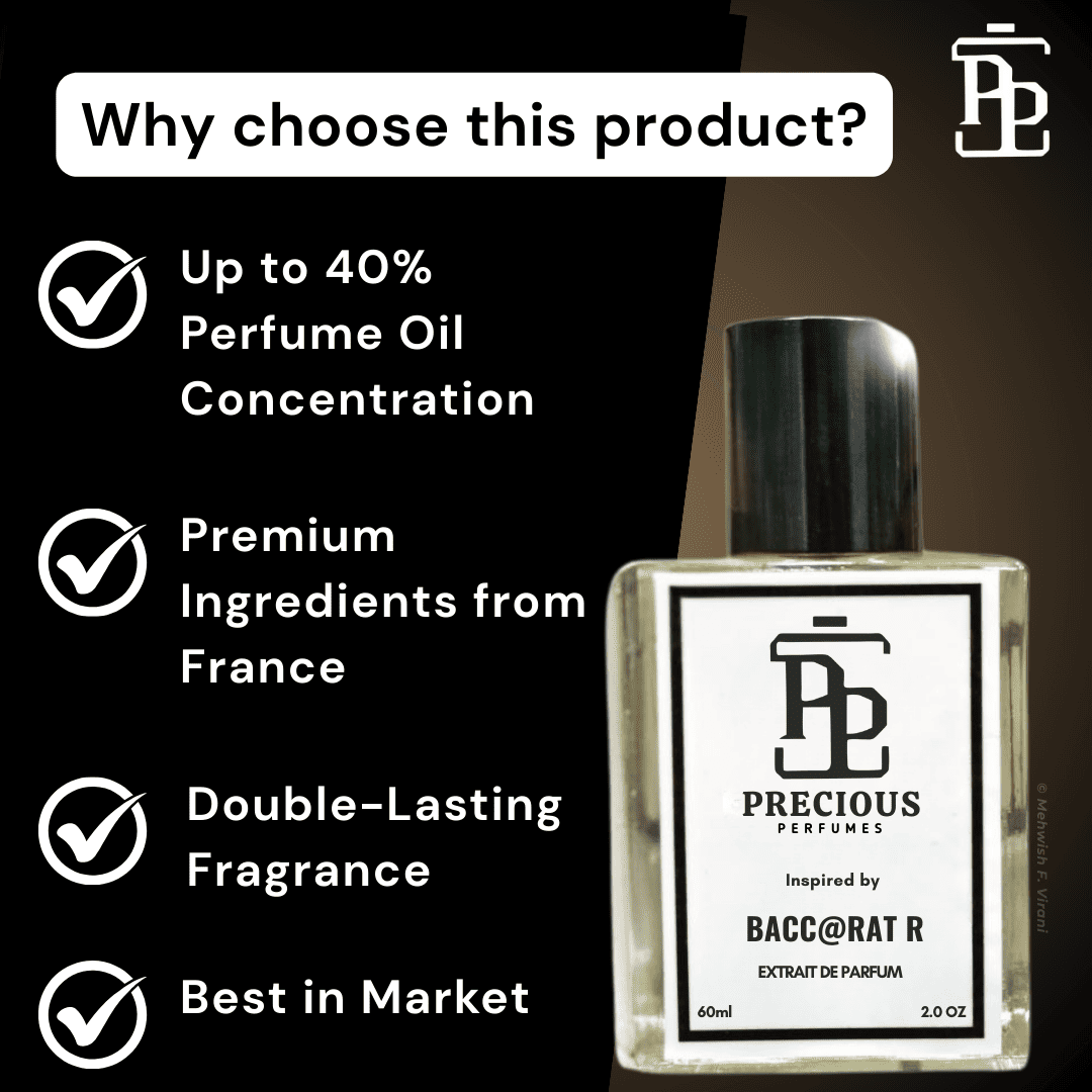 Discover our Baccarat Rouge 540 inspired unisex perfume -  woody & warm spicy. Benefits: long-lasting, skin-friendly, made with premium quality ingredients, perfect for all seasons & occasions; available in 60 ml & 100 ml at an affordable price. Free Shipping & COD at Precious Perfumes.